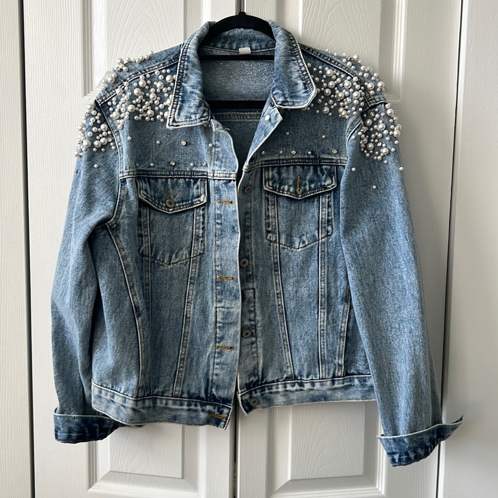 Oversized denim jacket with embellishments